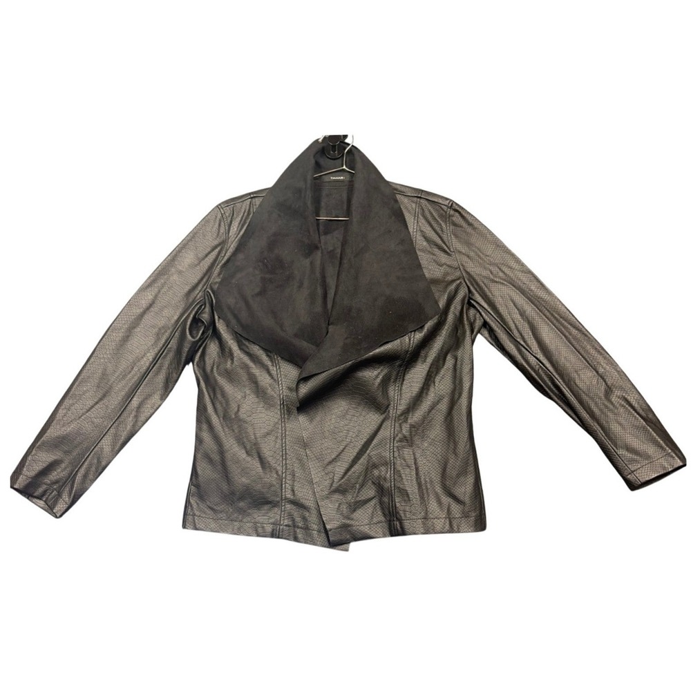 Tahari Jacket Women L Black Snakeskin Faux Leather Draped Open Front Moto Chic